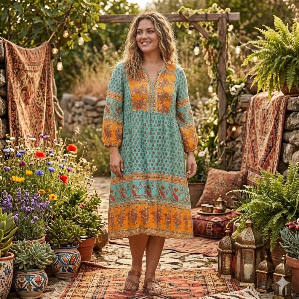 Bluetime Boho Peasant Floral Hippie Dress Tie Neck Balloon Sleeve Size 2XL Flowy